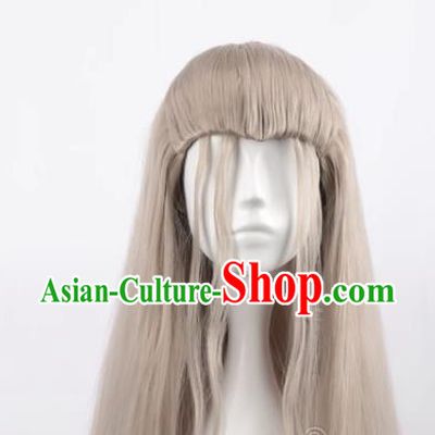 Linen Gray Men Long Curly Hair Cos Anime Wig
