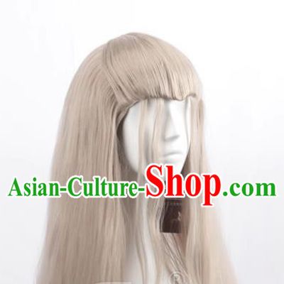 Linen Gray Men Long Curly Hair Cos Anime Wig