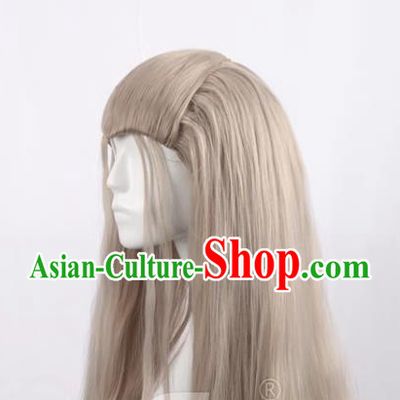 Linen Gray Men Long Curly Hair Cos Anime Wig
