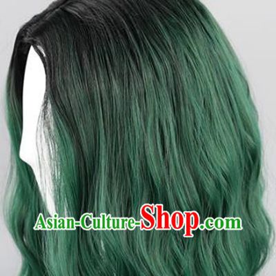 Black Gradient Dark Green Slightly Curly Face Shaping Short Hair Cosplay Wig
