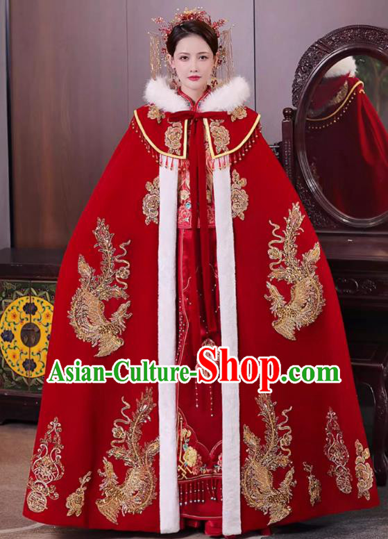 China Ancient Bride Costume Traditional Hanfu Wedding Clothing Embroidered Red Cloak China Ancient Bride Costume Traditional Hanfu Wedding Clothing Embroidered Red Cloak