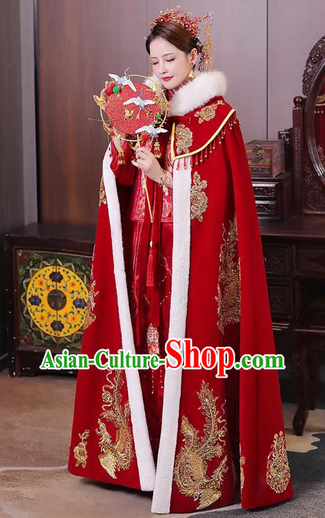 China Ancient Bride Costume Traditional Hanfu Wedding Clothing Embroidered Red Cloak China Ancient Bride Costume Traditional Hanfu Wedding Clothing Embroidered Red Cloak