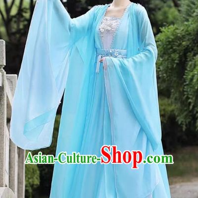 China Traditional Hanfu Classical Dance Clothing Blue Wide Sleeve Flow Fairy Dress Ancient Goddess Chang E Costume