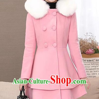 Woman Elegant Slim Fur Collar Coat Plus Size Costume Winter Female Pink Woolen Jacket