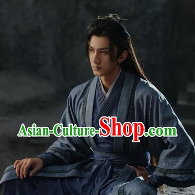 China Ancient Swordsman Dark Blue Costumes TV Series Mysterious Lotus Casebook Swordsman Master Di Feisheng Replica Clothing
