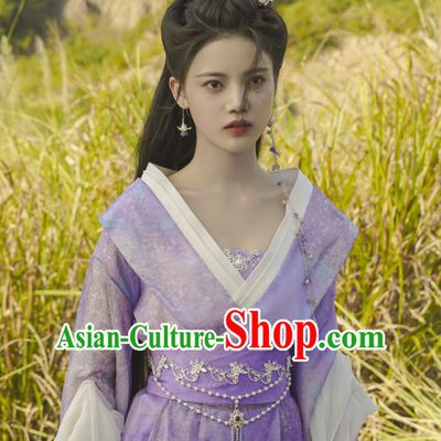 China Ancient Fairy Princess Costumes TV Series Till The End of The Moon Goddess Pian Ran Purple Dress Clothing
