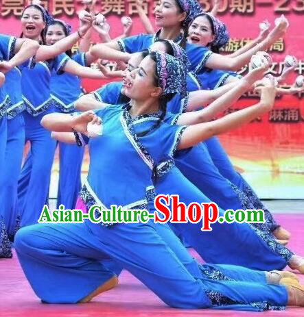 China Folk Dance Blue Outfit Traditional Yangko Dance Clothing Hakka Style Girl Costume China Folk Dance Blue Outfit Traditional Yangko Dance Clothing Hakka Style Girl Costume