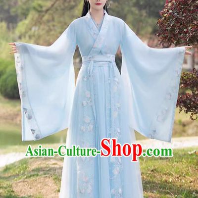 China Traditional Hanfu Princess Blue Dress Ancient Young Lady Clothing Song Dynasty Replicate Clothing