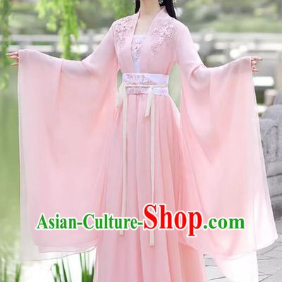 China Ancient Clothing Traditional Wide Sleeve Pink Hanfu Dress Tang Dynasty Princess Costume