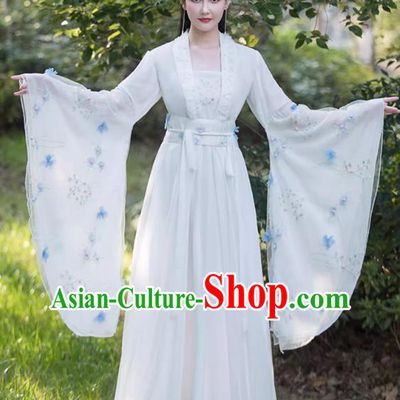 Traditional Wide Sleeve White Hanfu Dress China Tang Dynasty Costume Ancient Goddess Clothing