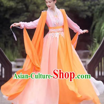 China Ancient Goddess Hanfu Classical Dance Clothing Orange Fairy Dress
