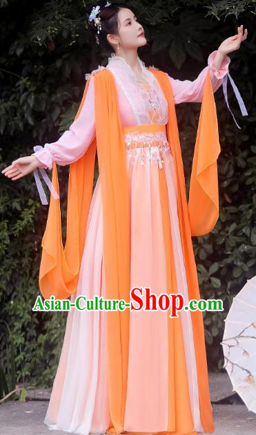 China Ancient Goddess Hanfu Classical Dance Clothing Orange Fairy Dress China Ancient Goddess Hanfu Classical Dance Clothing Orange Fairy Dress