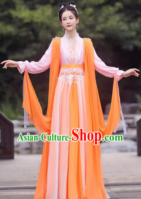 China Ancient Goddess Hanfu Classical Dance Clothing Orange Fairy Dress China Ancient Goddess Hanfu Classical Dance Clothing Orange Fairy Dress