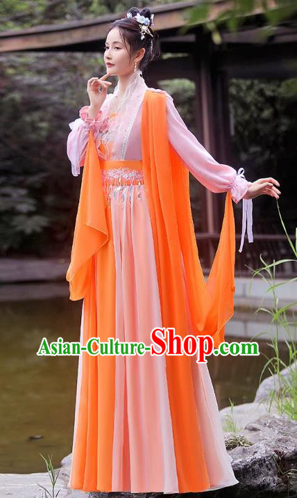 China Ancient Goddess Hanfu Classical Dance Clothing Orange Fairy Dress China Ancient Goddess Hanfu Classical Dance Clothing Orange Fairy Dress