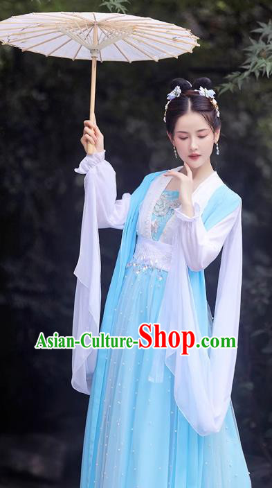 China Song Dynasty Princess Costume Blue Fairy Dress Ancient Hanfu Classical Dance Clothing