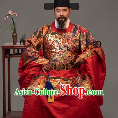China Ancient Official Clothing Male Hanfu Red Brocade Robe Ming Dynasty Prime Minister Costume