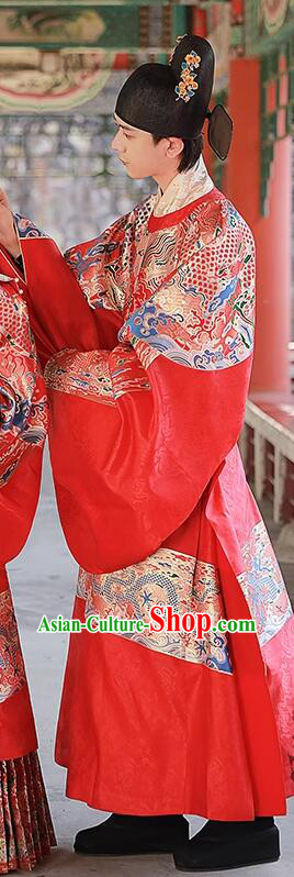China Ming Dynasty Groom Costume Ancient Official Clothing Male Wedding Hanfu Red Brocade Robe China Ming Dynasty Groom Costume Ancient Official Clothing Male Wedding Hanfu Red Brocade Robe