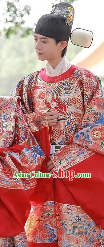 China Ming Dynasty Groom Costume Ancient Official Clothing Male Wedding Hanfu Red Brocade Robe China Ming Dynasty Groom Costume Ancient Official Clothing Male Wedding Hanfu Red Brocade Robe