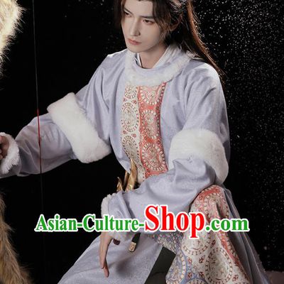 Traditional Male Hanfu Winter Round Collar Robe China Ancient Swordsman Clothing Tang Dynasty Hero Costume