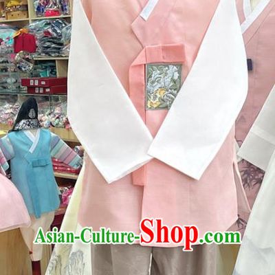 Traditional Hanbok Pink Shirt and Pants Embroidered Male Costumes Korean Wedding Groom Clothing