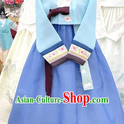 Traditional Hanbok Korean Wedding Costumes Embroidered Blue Blouse and Dress Complete Set