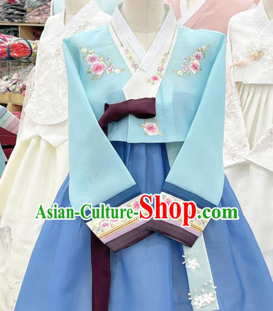 Traditional Hanbok Korean Wedding Costumes Embroidered Blue Blouse and Dress Complete Set Traditional Hanbok Korean Wedding Costumes Embroidered Blue Blouse and Dress Complete Set