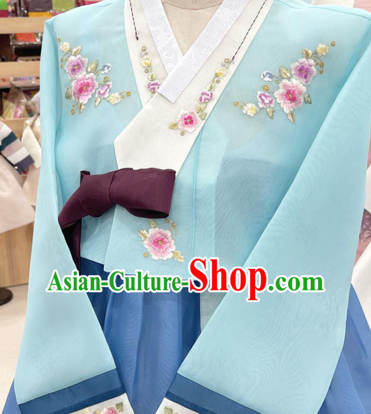 Traditional Hanbok Korean Wedding Costumes Embroidered Blue Blouse and Dress Complete Set Traditional Hanbok Korean Wedding Costumes Embroidered Blue Blouse and Dress Complete Set