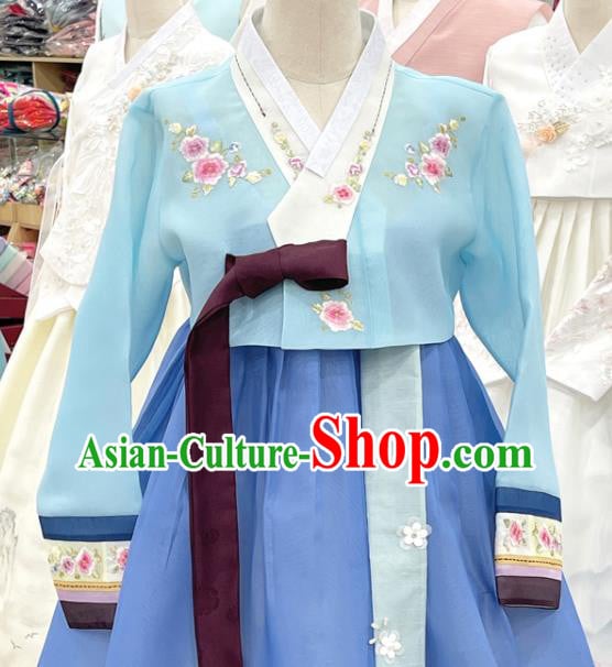 Traditional Hanbok Korean Wedding Costumes Embroidered Blue Blouse and Dress Complete Set Traditional Hanbok Korean Wedding Costumes Embroidered Blue Blouse and Dress Complete Set