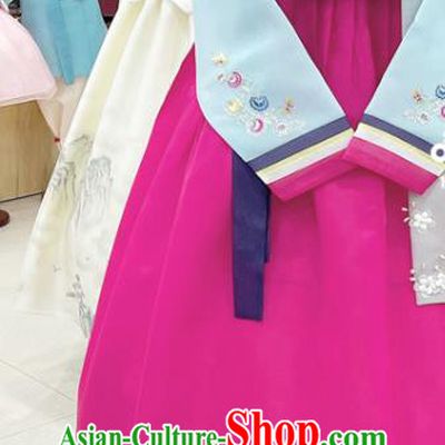 Korean Embroidered Light Blue Blouse and Magenta  Dress Traditional Hanbok Wedding Costumes Complete Set