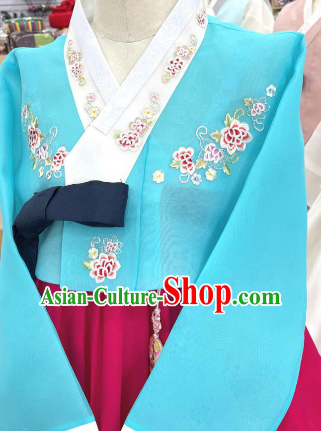 Traditional Hanbok Wedding Costumes Korean Bride Clothing Embroidered Blue Blouse and Magenta Dress Traditional Hanbok Wedding Costumes Korean Bride Clothing Embroidered Blue Blouse and Magenta Dress