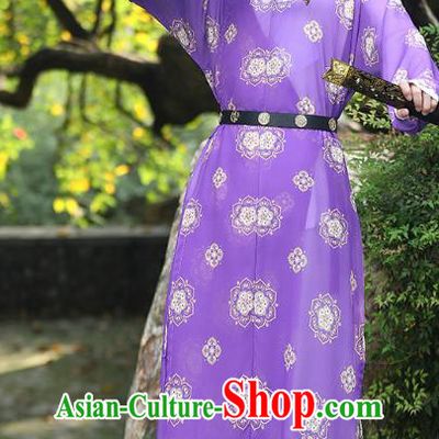 China Ancient Swordsman Costume Tang Dynasty Young Hero Purple Round Collar Robe Traditional Hanfu Garment
