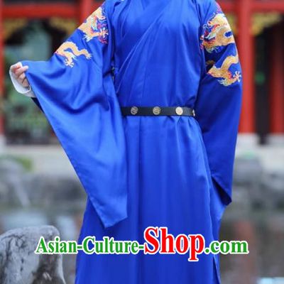 China Traditional Male Hanfu Garment Ancient Emperor Costume Ming Dynasty Prince Blue Embroidered Dragon Robe