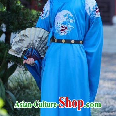 China Tang Dynasty Childe Blue Embroidered Robe Traditional Male Hanfu Garment Ancient Official Costume