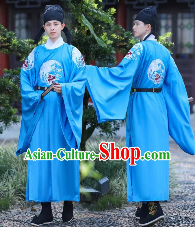China Tang Dynasty Childe Blue Embroidered Robe Traditional Male Hanfu Garment Ancient Official Costume China Tang Dynasty Childe Blue Embroidered Robe Traditional Male Hanfu Garment Ancient Official Costume
