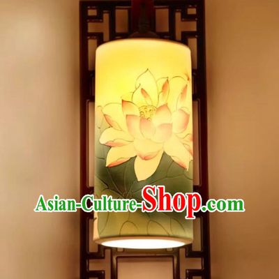 Top Lotus Painting Ceramic Lamp Handmade Hallway Lamp Chinese Wood Wall Lantern