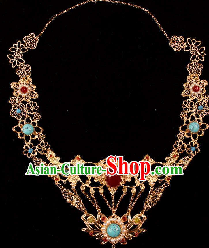 China Tang Dynasty Princess Necklace Handmade Hanfu Ear Jewelry Ancient Dunhuang Fairy Golden Necklet China Tang Dynasty Princess Necklace Handmade Hanfu Ear Jewelry Ancient Dunhuang Fairy Golden Necklet