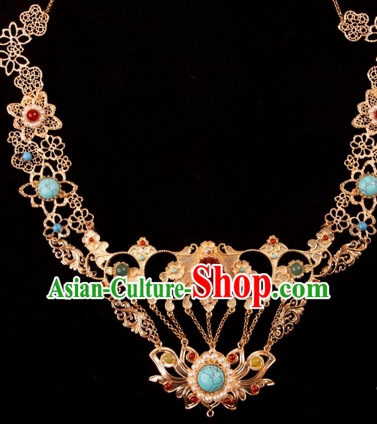 China Tang Dynasty Princess Necklace Handmade Hanfu Ear Jewelry Ancient Dunhuang Fairy Golden Necklet China Tang Dynasty Princess Necklace Handmade Hanfu Ear Jewelry Ancient Dunhuang Fairy Golden Necklet