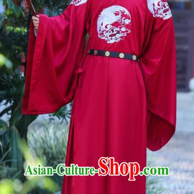 China Ancient Groom Wedding Costume Tang Dynasty Official Clothing Traditional Hanfu Wine Red Crane Robe
