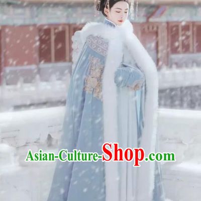 China Qing Dynasty Imperial Concubine Costume Traditional Manchu Woman Blue Cloak Ancient Court Empress Clothing