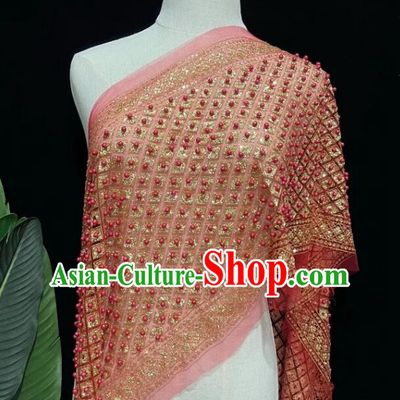 Red Mantilla Thailand Traditional Costume Handmade Embroidered Beads Shawl