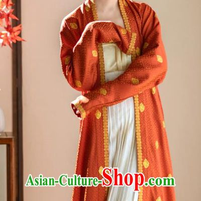 China Southern Song Dynasty Empress Costumes Ancient Noble Woman Clothing Traditional Hanfu Red Beizi Top and White Skirt Set