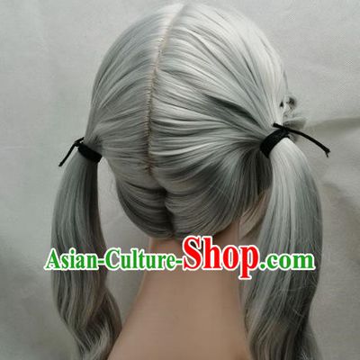 Cosplay Fake Hair COS Fire Emblem Rufray Silver Middle Parted Scalp Braid Ponytail Female Custom Wig