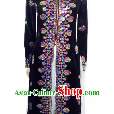 Black Chinese Xinjiang Dance Costumes Gold Velvet Embroidered Sequins Long Vest