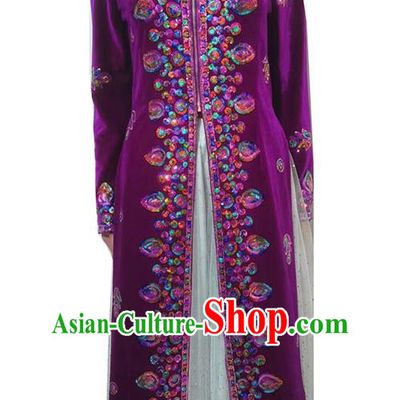 Purple Chinese Xinjiang Dance Costumes Gold Velvet Embroidered Sequins Long Vest
