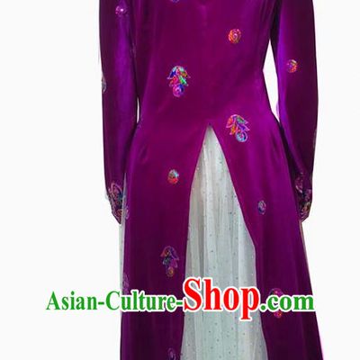 Purple Chinese Xinjiang Dance Costumes Gold Velvet Embroidered Sequins Long Vest
