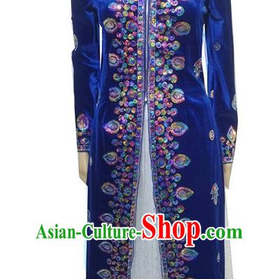 Blue China Xinjiang Dance Costumes Gold Velvet Embroidered Sequins Long Vest