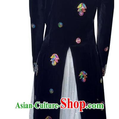 Blue China Xinjiang Dance Costumes Gold Velvet Embroidered Sequins Long Vest