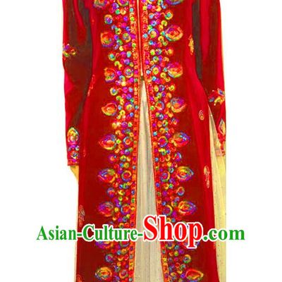 Red Chinese Xinjiang Dance Costumes Gold Velvet Embroidered Sequins Long Vest