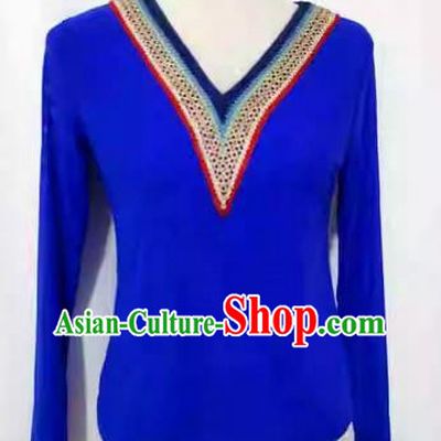 Royal blue China Xinjiang dance costume stretch mesh t-shirt bottoming shirt long sleeve slim fit