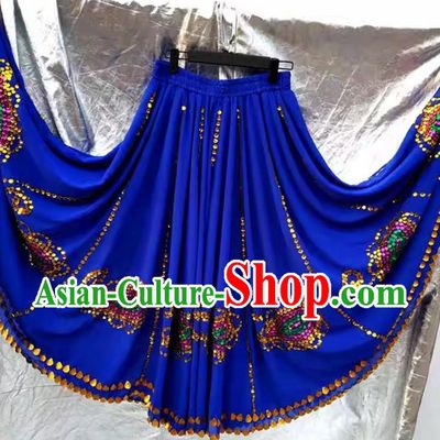 Sapphire blue Chinese Xinjiang dance Uyghur Maixi Laipu stage square dance ethnic characteristics pure handmade sequined skirt with large swing